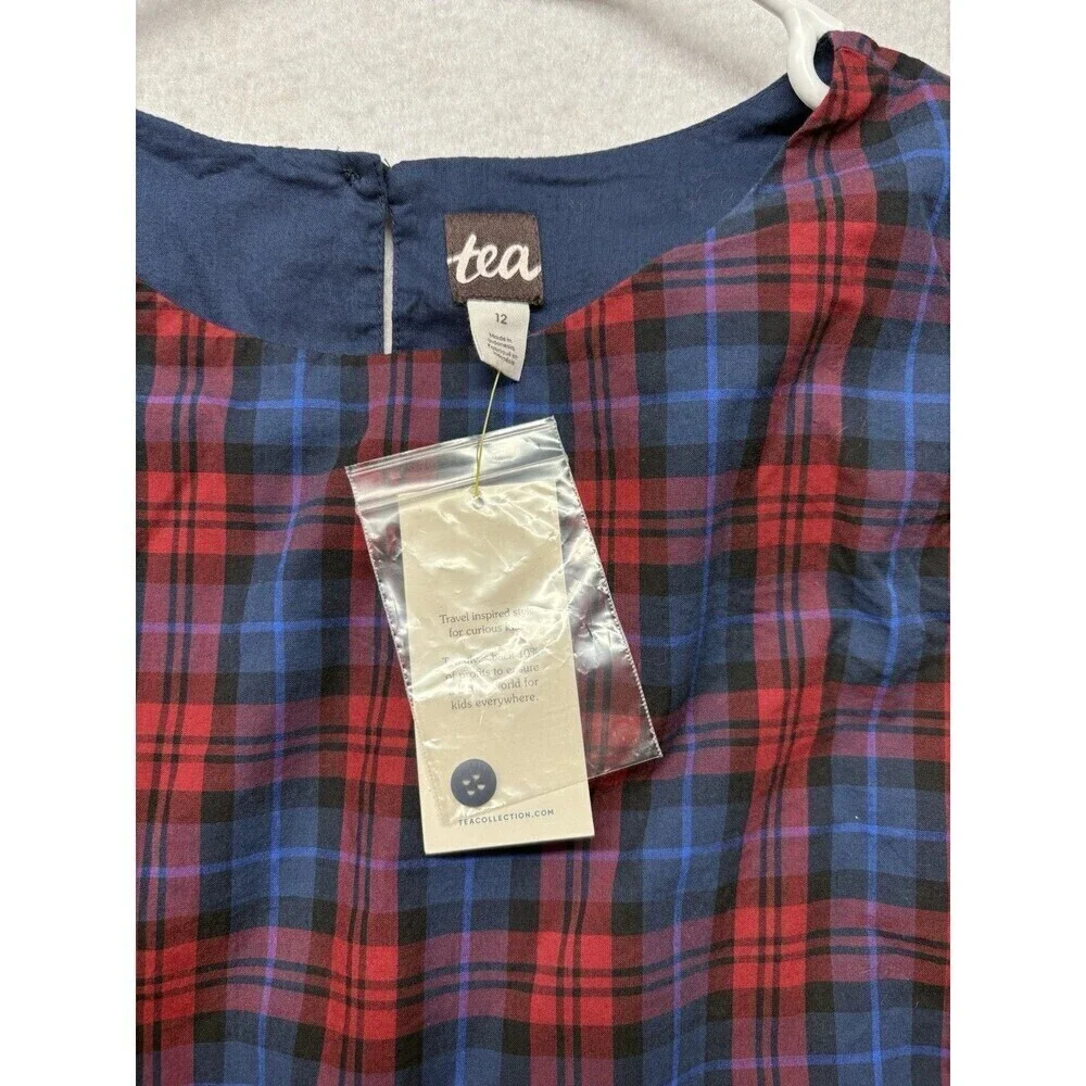 TEA COLLECTION Ruffled Shoulder Plaid Dress Blue Red NWT Girls Size 12 3/4 Sleev